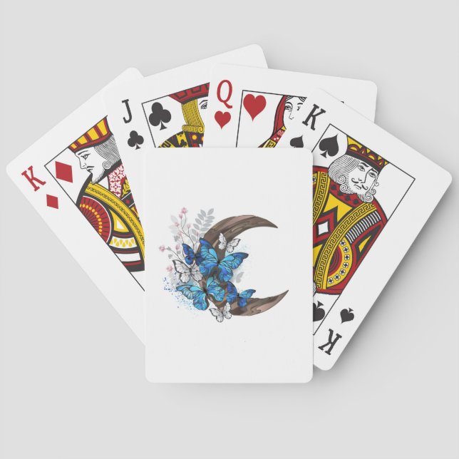 Blue butterflies on wooden crescent poker cards (Back)