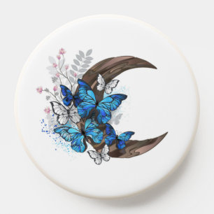 Blue butterflies on wooden crescent PopSocket