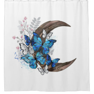 Blue butterflies on wooden crescent shower curtain