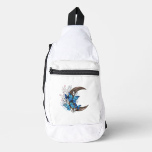 Blue butterflies on wooden crescent sling bag