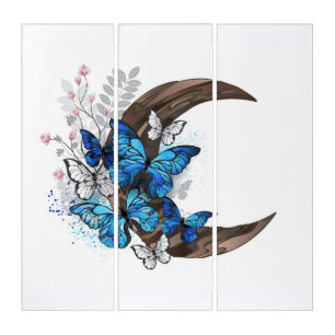 Blue butterflies on wooden crescent triptych