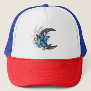 Blue butterflies on wooden crescent trucker hat