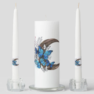 Blue butterflies on wooden crescent unity candle set