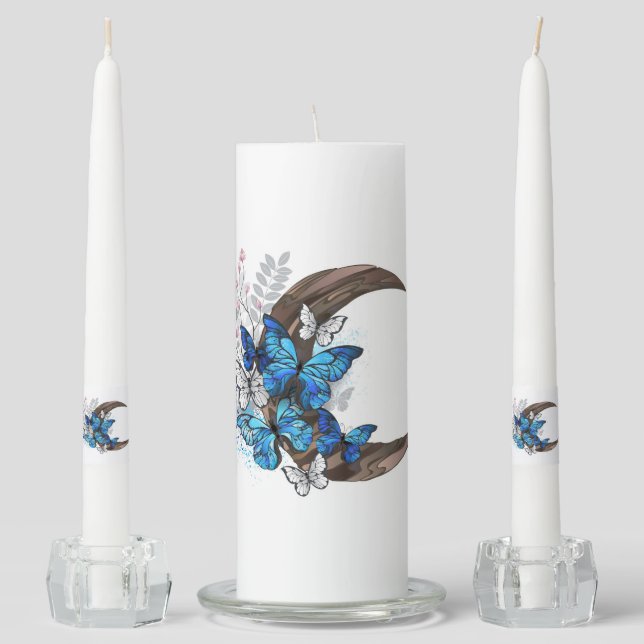 Blue butterflies on wooden crescent unity candle set (Front)