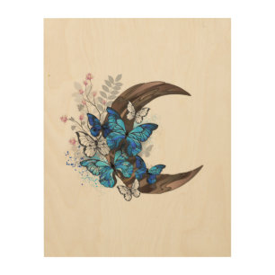 Blue butterflies on wooden crescent wood wall art
