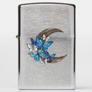 Blue butterflies on wooden crescent zippo lighter