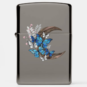 Blue butterflies on wooden crescent zippo lighter