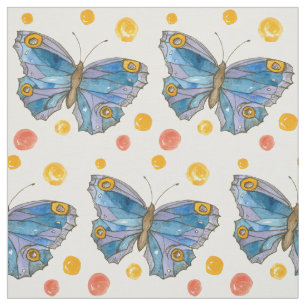 Blue Butterflies Orange Polka Dots Watercolor Art Fabric