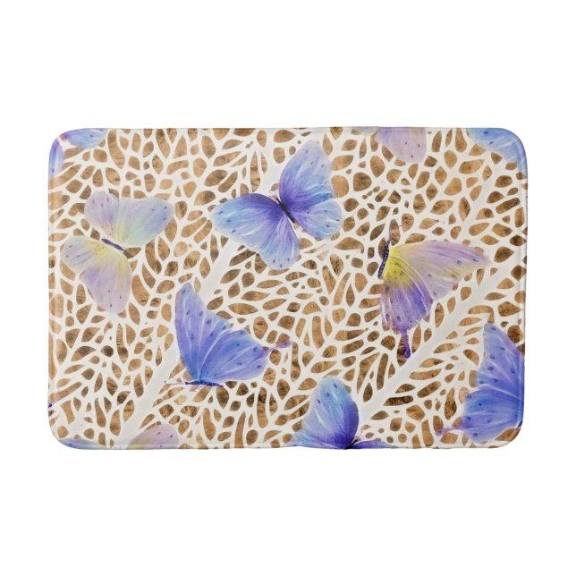Blue Butterflies Organic Brown Animal Pattern Bath Mat (Front)