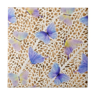Blue Butterflies Organic Brown Animal Pattern Ceramic Tile