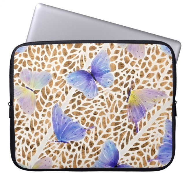 Blue Butterflies Organic Brown Animal Pattern Laptop Sleeve (Front)