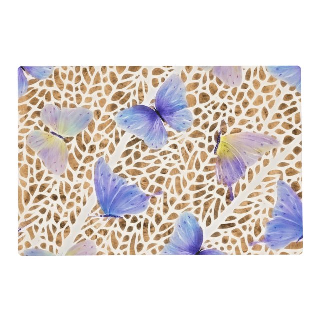Blue Butterflies Organic Brown Animal Pattern Placemat (Front)