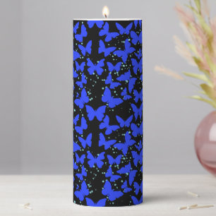 Blue Butterflies Pattern C01.b Black BG Pillar Candle
