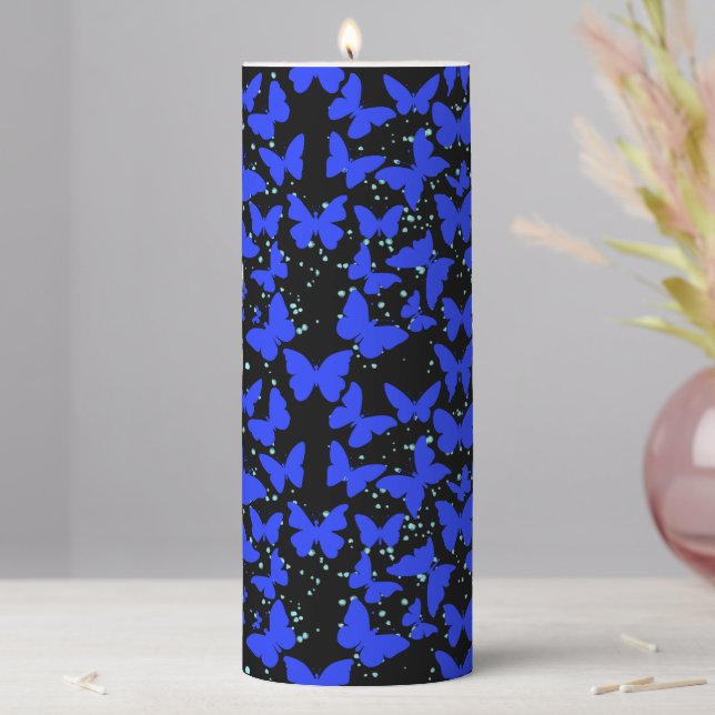 Blue Butterflies Pattern C01.b Black BG Pillar Candle (In Situ)