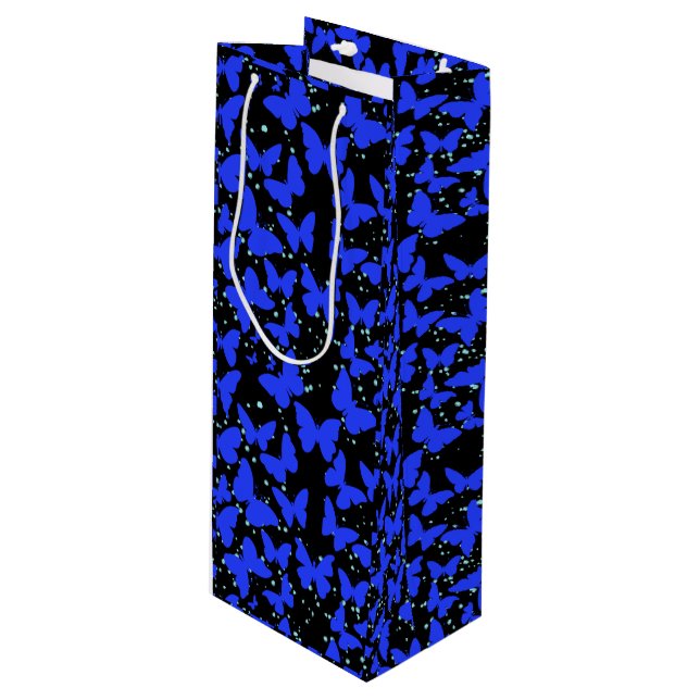Blue Butterflies Pattern C01.b Black BG Wine Gift Bag (Front Angled)