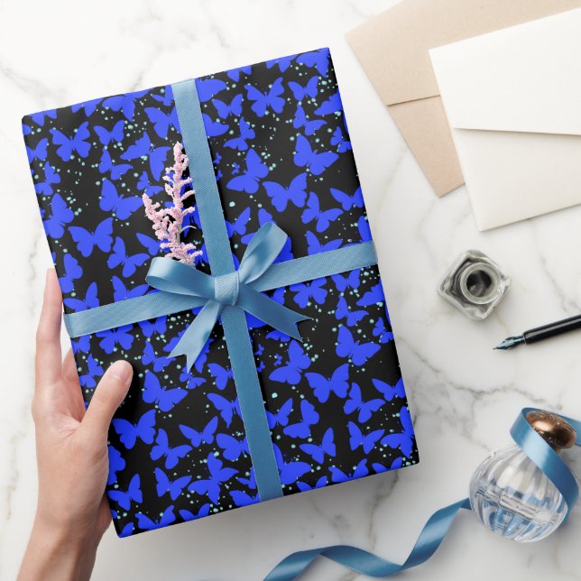 Blue Butterflies Pattern C01.b Black BG Wrapping Paper (Gifting)