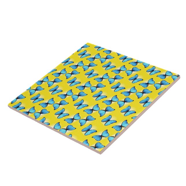 Blue butterflies pattern on yellow ceramic tile (Side)