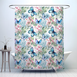 Blue butterflies, pink flowers, shower curtain