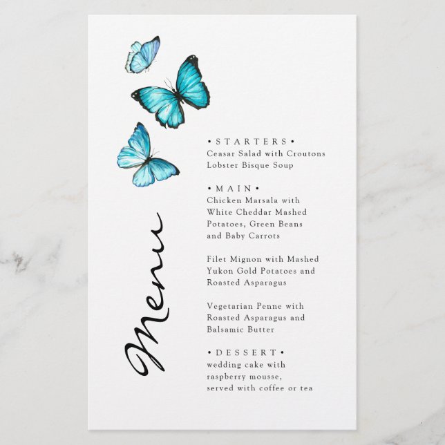 Blue butterflies. Stylish modern wedding menu (Front)