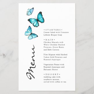 Blue butterflies. Stylish modern wedding menu