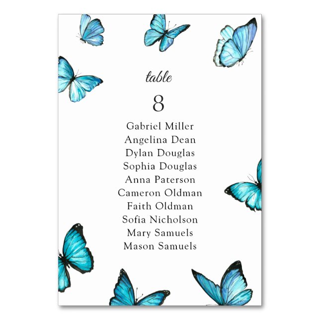 Blue butterflies. Stylish Wedding seating chart Table Number (Front)