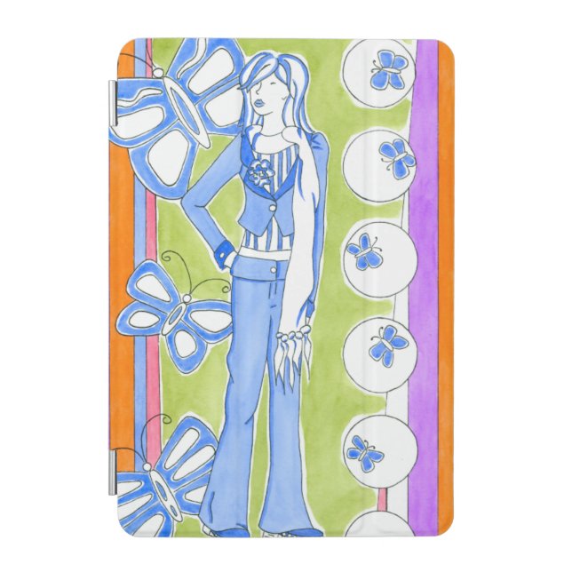 Blue Butterflies Surrounding Glamorous Girl iPad Mini Cover (Front)