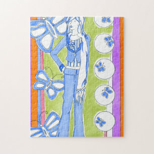 Blue Butterflies Surrounding Glamorous Girl Jigsaw Puzzle