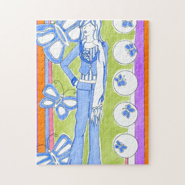 Blue Butterflies Surrounding Glamorous Girl Jigsaw Puzzle (Vertical)