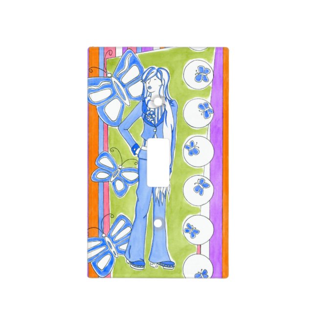 Blue Butterflies Surrounding Glamorous Girl Light Switch Cover (Front)