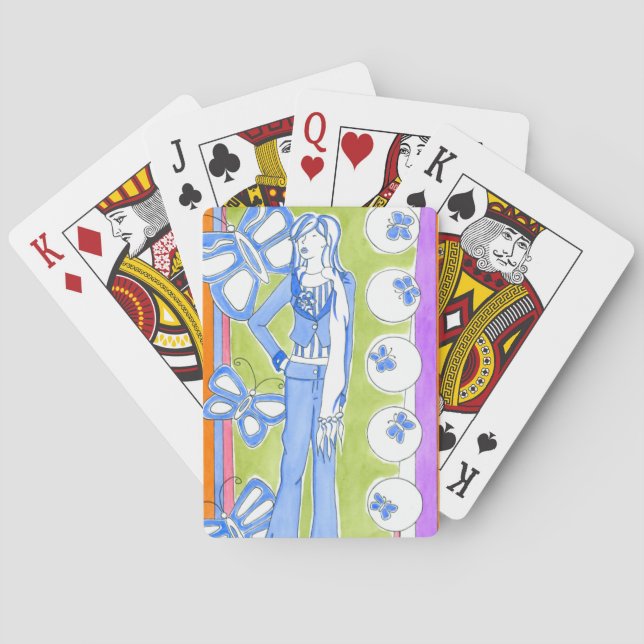 Blue Butterflies Surrounding Glamorous Girl Poker Cards (Back)