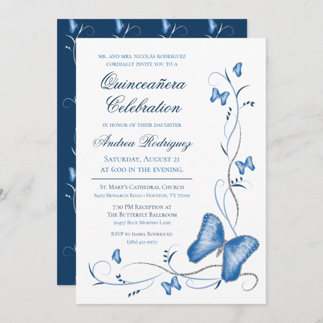Blue Butterflies & Swirls Quinceanera Invitation