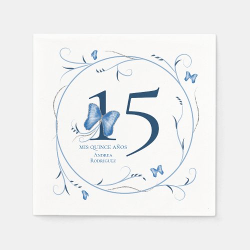 Blue Butterflies  Swirls Quinceaera Napkins