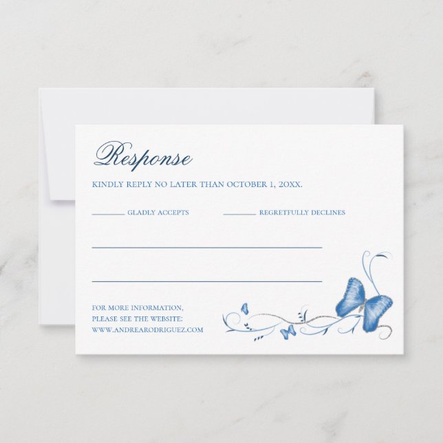 Blue Butterflies & Swirls Quinceanera RSVP Card (Front)
