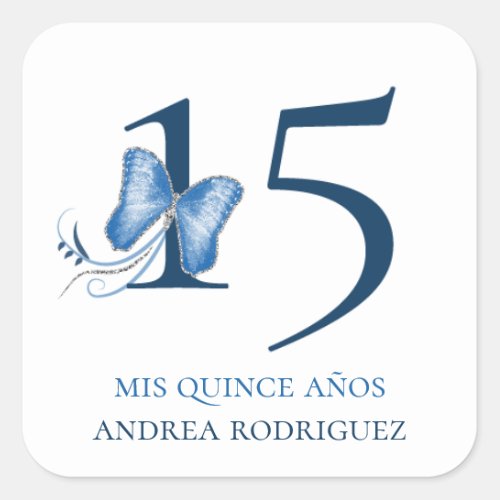 Blue Butterflies  Swirls Quinceaera Square Sticker