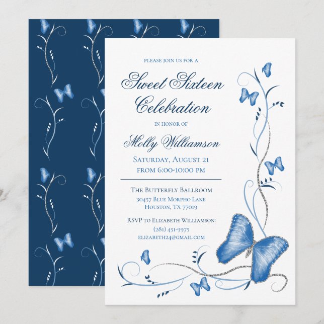 Blue Butterflies & Swirls Sweet 16 Invitation (Front/Back)