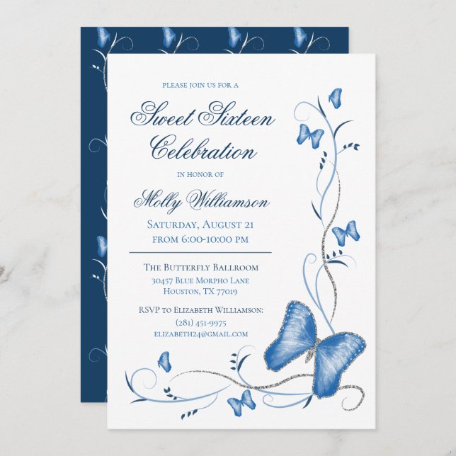 Blue Butterflies & Swirls Sweet 16 Invitation (Front/Back)