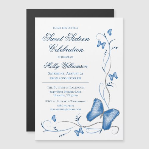 Blue Butterflies  Swirls Sweet 16 Magnetic Invitation