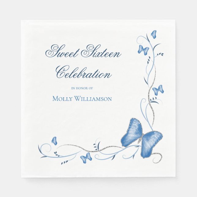 Blue Butterflies & Swirls Sweet 16 Napkins (Front)
