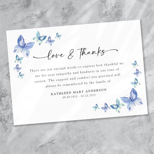 Blue Butterflies Sympathy Funeral  Thank You Card