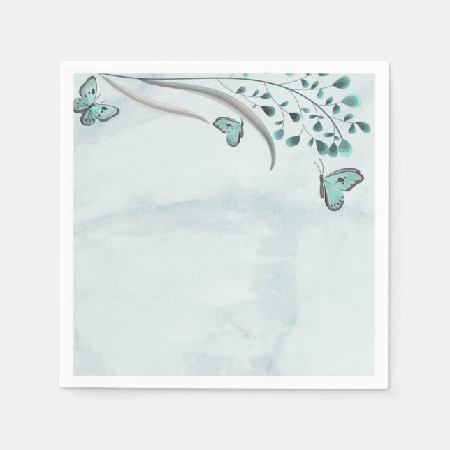 blue butterflies teal leaves botanical wedding napkins (Front)