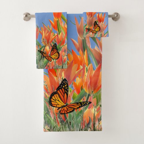 Blue Butterflies  Tulips Bath Towel Set