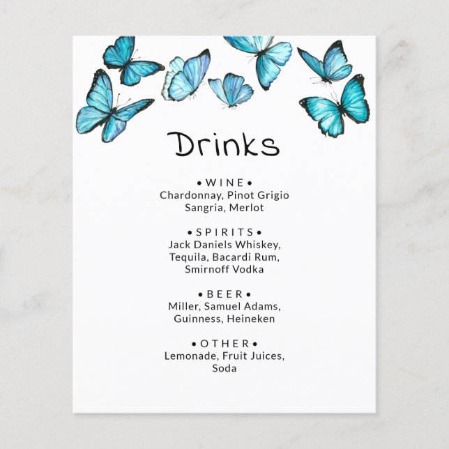 Blue butterflies. Whimsical wedding Drinks menu (Front)