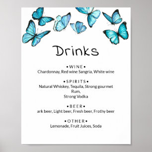Blue butterflies. Whimsical wedding Drinks menu Poster