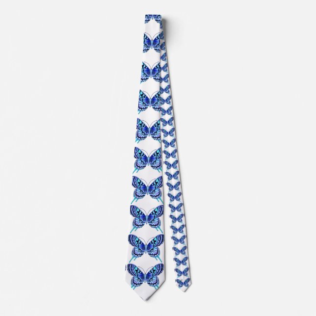 blue butterflies white neck tie (Front)