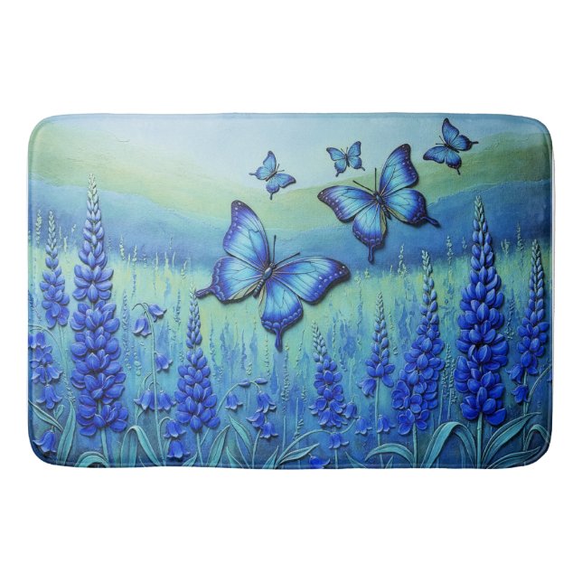 Blue Butterflies with Blue Flowers, Bath Mat (Front)