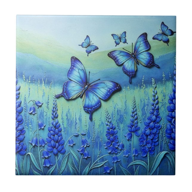 Blue Butterflies with Blue Flowers, Ceramic Tile (Front)