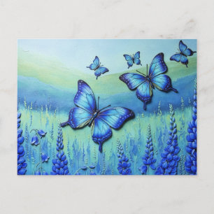 Blue Butterflies with Blue Flowers, Holiday Postcard