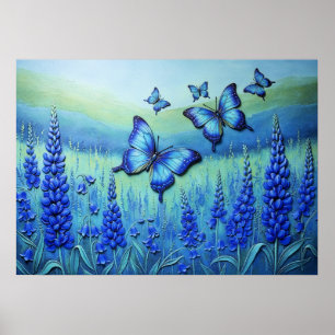 Blue Butterflies with Blue Flowers, Poster