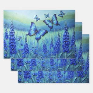 Blue Butterflies with Blue Flowers, Wrapping Paper Sheets