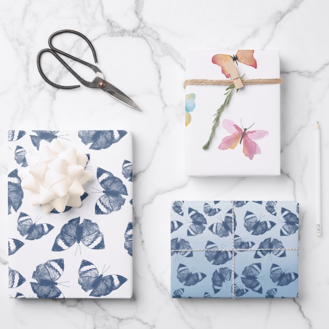 Blue Butterflies Wrapping Paper Sheets (Front)
